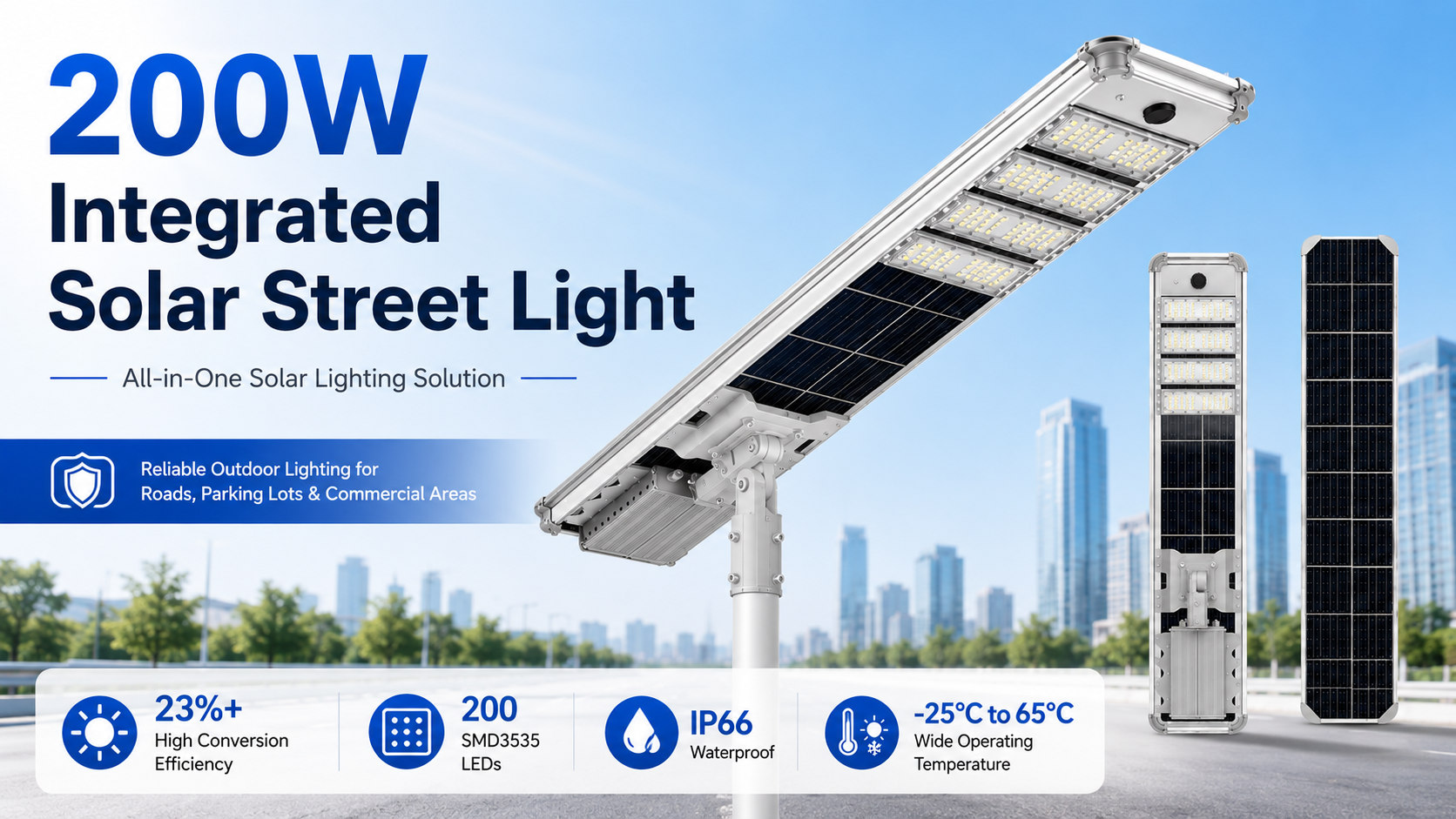 200W Commercial Solar Street Light for Parking Lots, Roads, Bridges and Infrastructure Projects