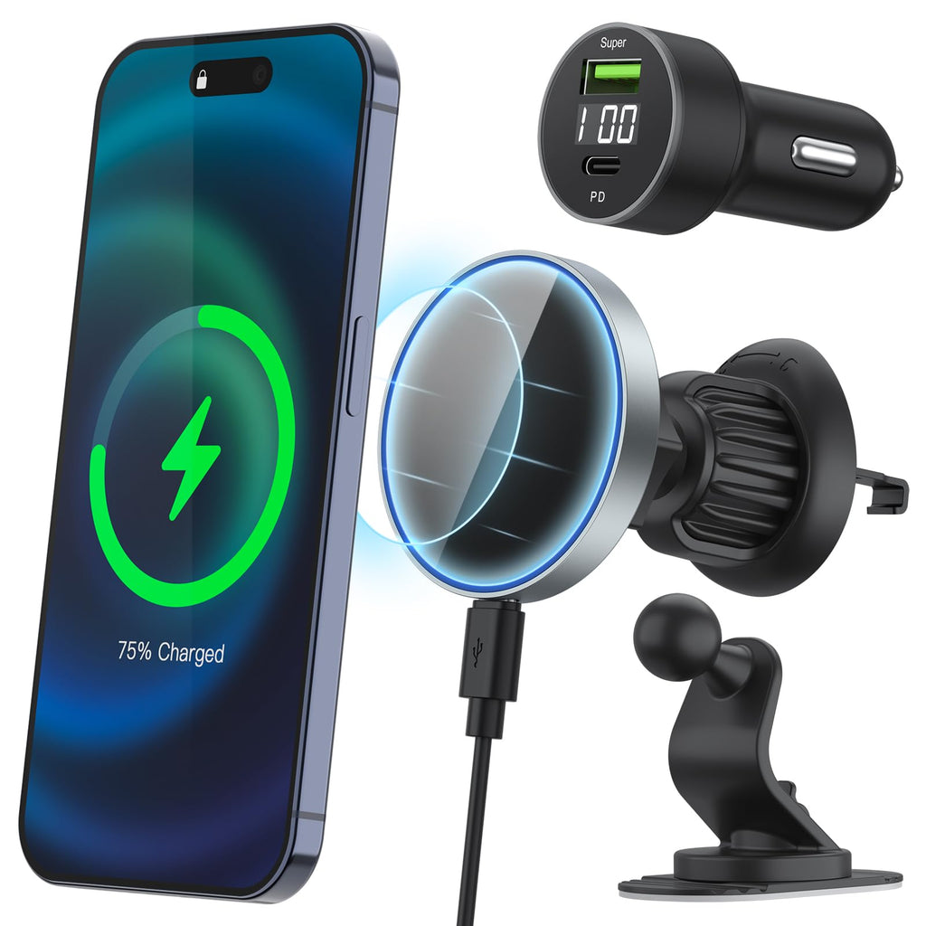 Vancle for Magsafe Car Mount Charger 15W Fast Charging Magnetic Wireless Car Charger Air Vent/Dashboard Phone Holder Mount for iPhone 15/14/13/12