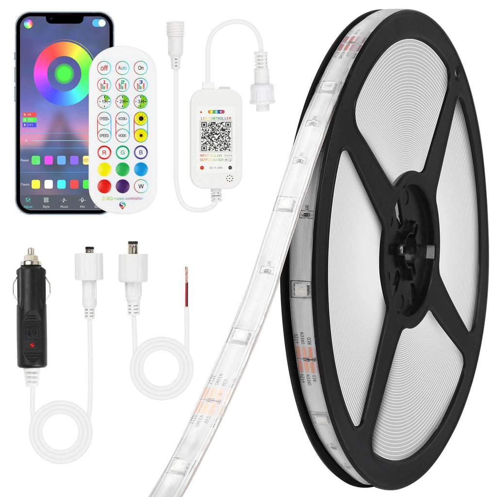 35ft LED Boat Lights Strip IP68 Waterproof 12V Marine LED Strip with Remote & App Control - Color Changing Music Sync Smart Timer - Includes Cigarette Lighter Plug & DC Wire