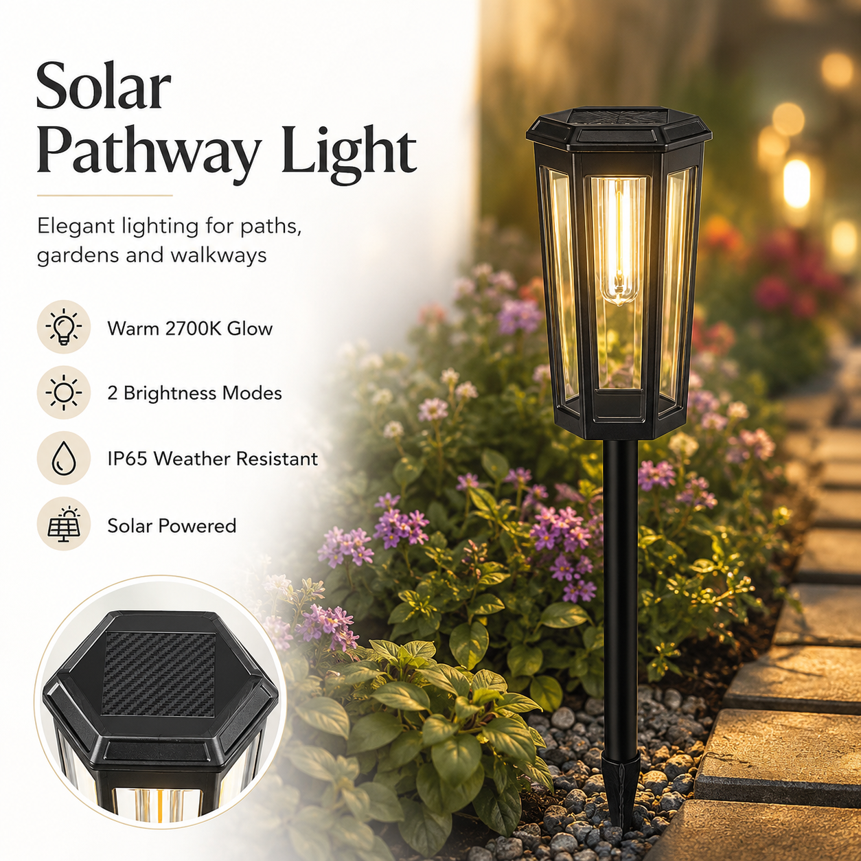 Outdoor Solar Pathway Light – IP65 Warm White Garden Stake Light