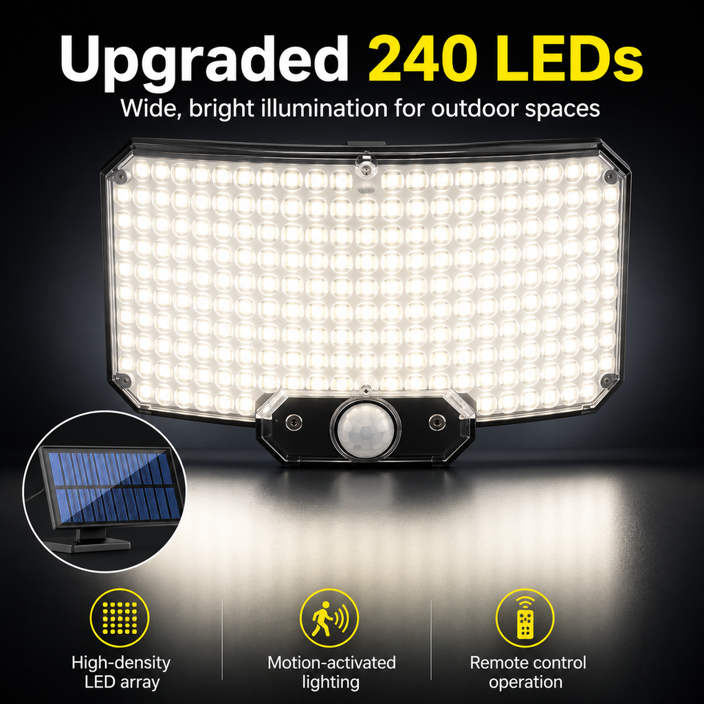 Solar Motion Sensor Wall Light with Remote Control, 240 LED Outdoor Security Light