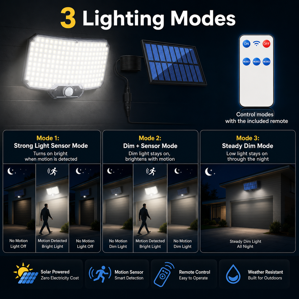 Solar Motion Sensor Wall Light with Remote Control, 240 LED Outdoor Security Light