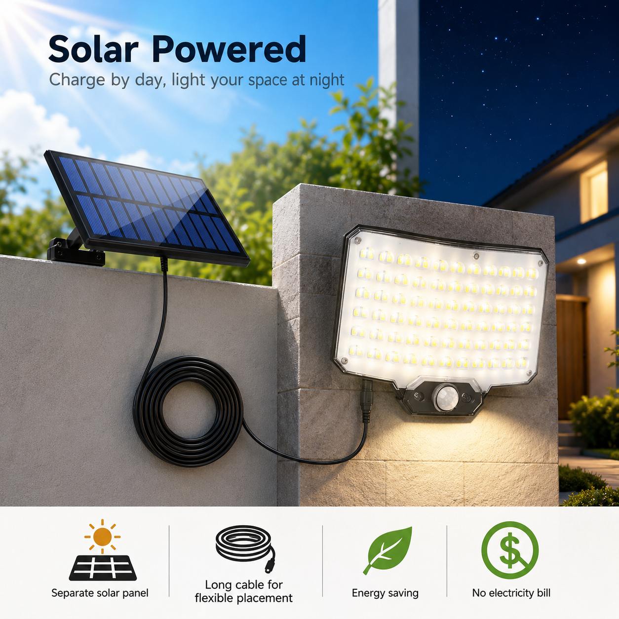 Solar Motion Sensor Wall Light with Remote Control, 240 LED Outdoor Security Light