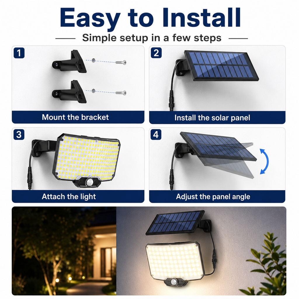 Solar Motion Sensor Wall Light with Remote Control, 240 LED Outdoor Security Light