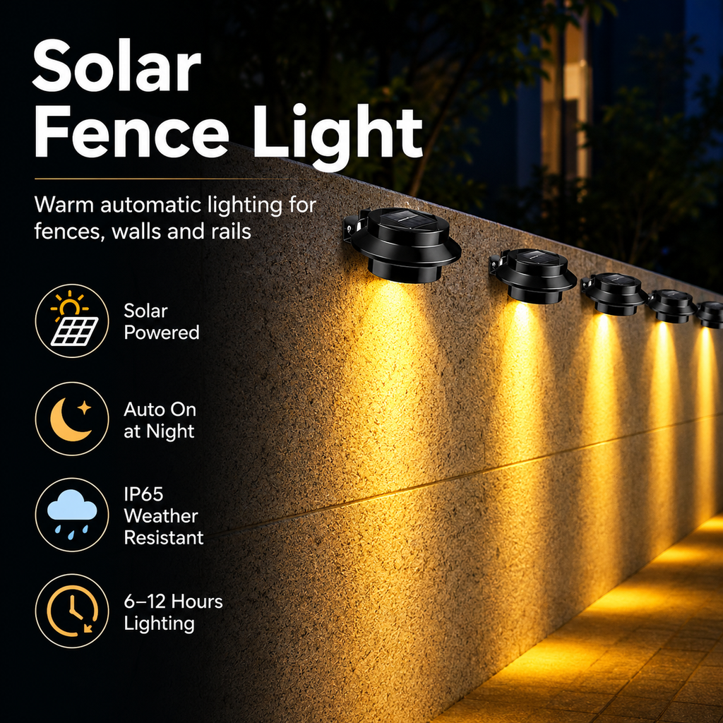 Solar Fence Light Outdoor – IP65 Dusk to Dawn Warm White Wall Light