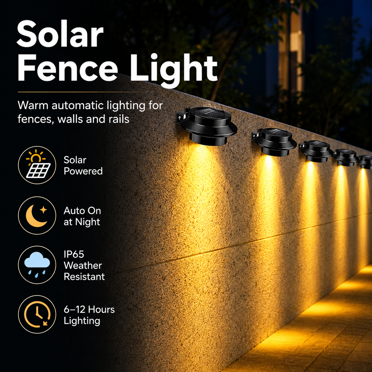 Solar Fence Light Outdoor – IP65 Dusk to Dawn Warm White Wall Light