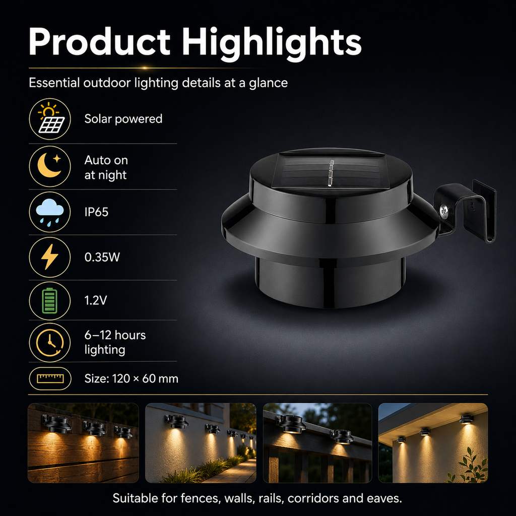 Solar Fence Light Outdoor – IP65 Dusk to Dawn Warm White Wall Light