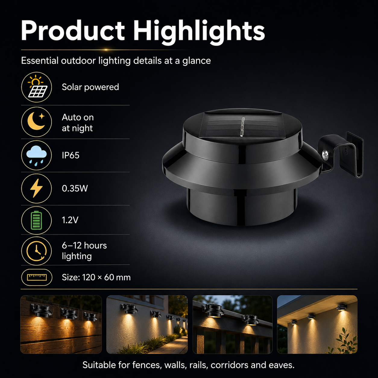 Solar Fence Light Outdoor – IP65 Dusk to Dawn Warm White Wall Light