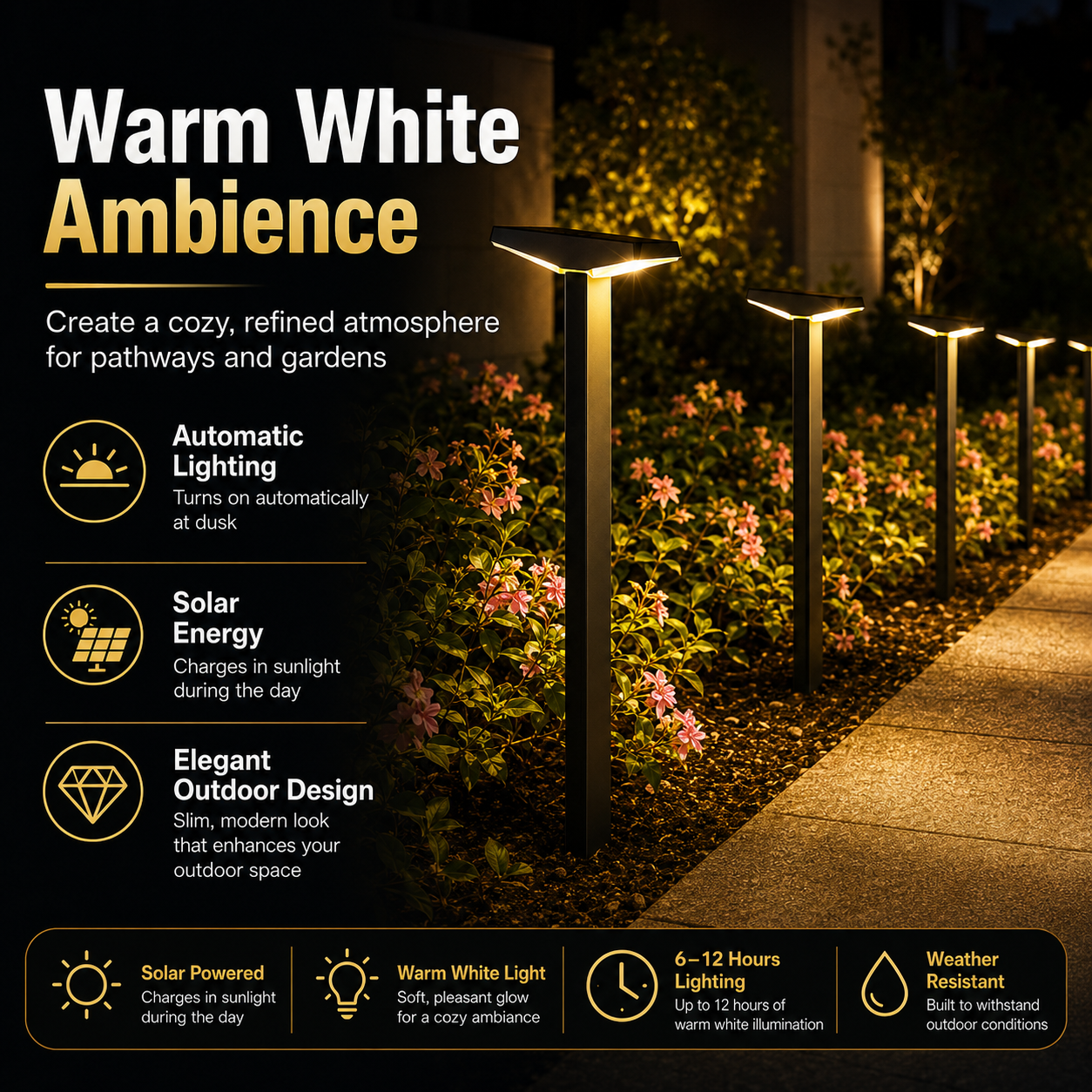 Solar Pathway Lights Outdoor – Dusk to Dawn Warm White Garden Stake Lights