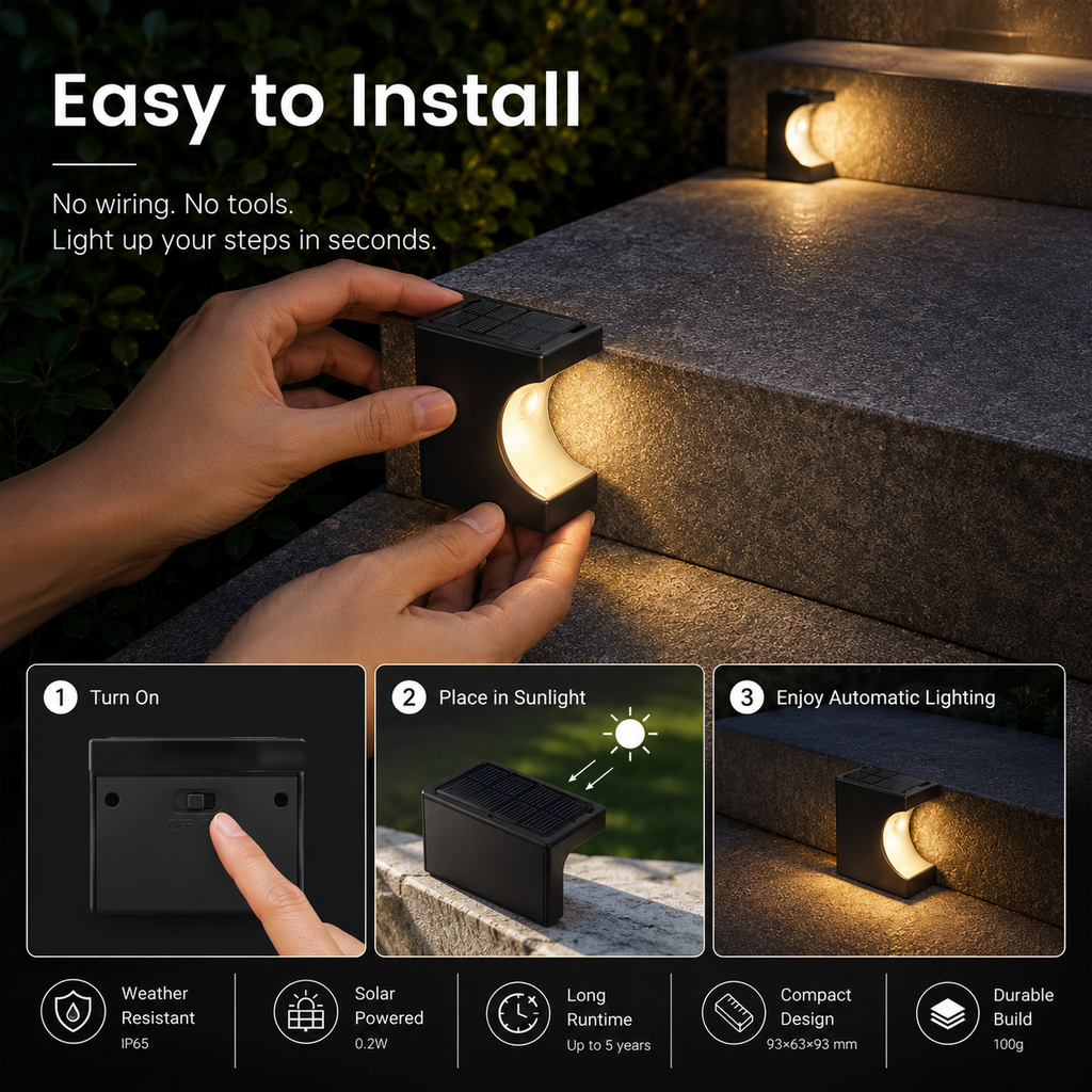 Solar Step Lights Outdoor – IP65 Dusk to Dawn LED Stair Lights