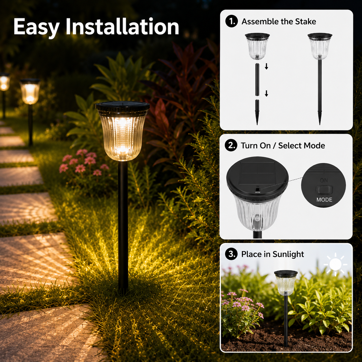 Solar Pathway Lights Outdoor – Dual Color Dusk to Dawn Garden Stake Lights