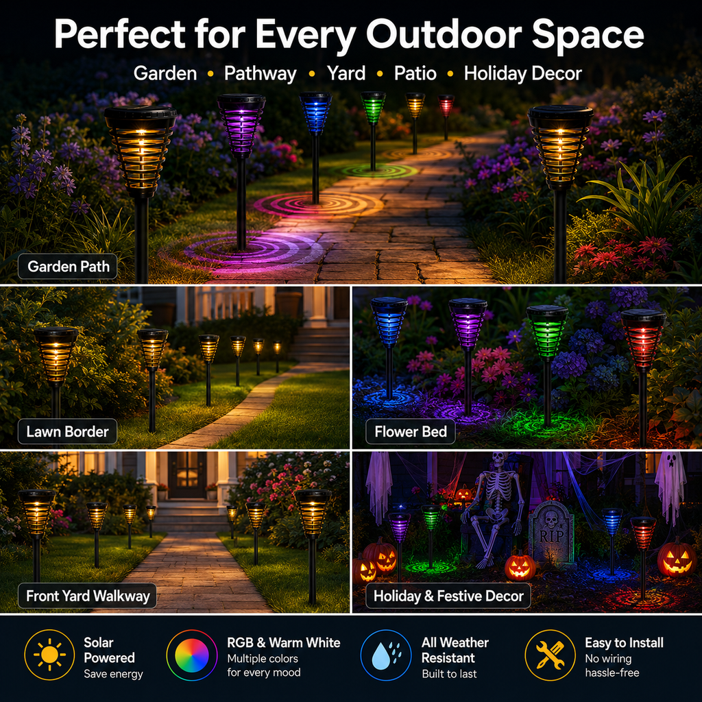 Solar RGB Pathway Lights Outdoor – Color Changing Dusk to Dawn Garden Stake Lights
