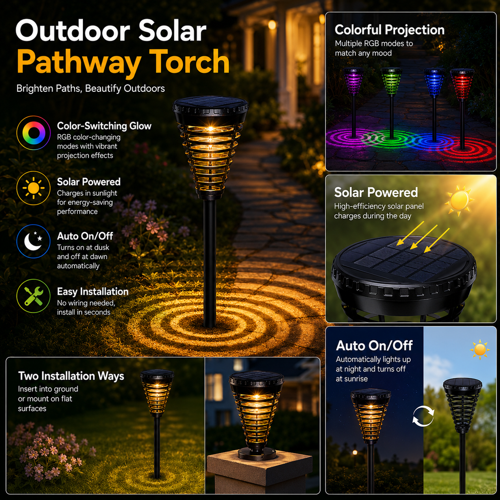 Solar RGB Pathway Lights Outdoor – Color Changing Dusk to Dawn Garden Stake Lights