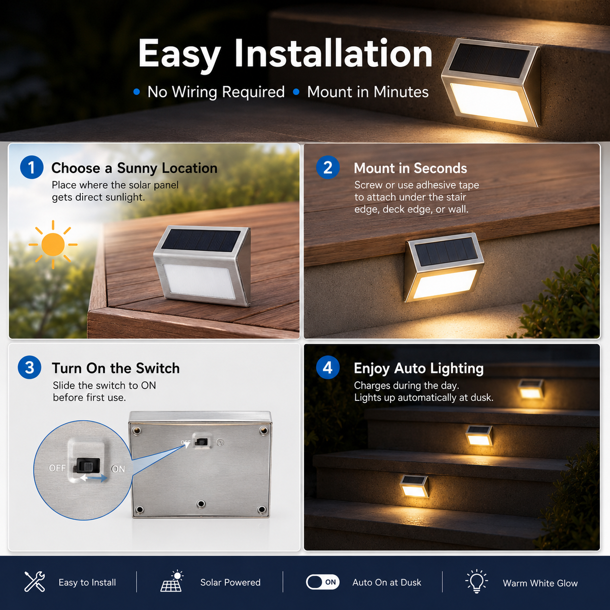 Solar Step Lights Outdoor – IP65 Stainless Steel Deck & Stair Lights