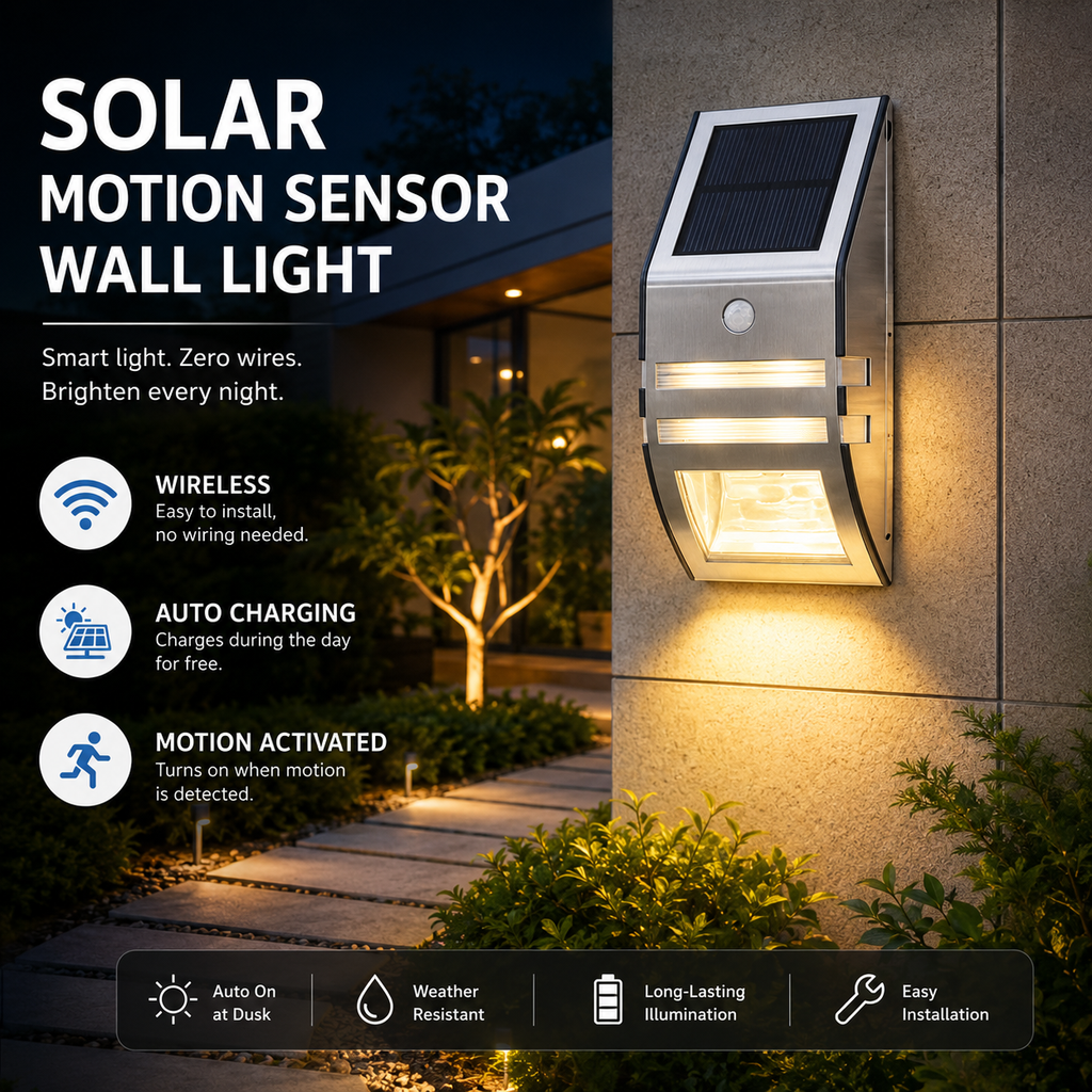 Solar Motion Sensor Wall Lights Outdoor – IP65 Stainless Steel Security Light