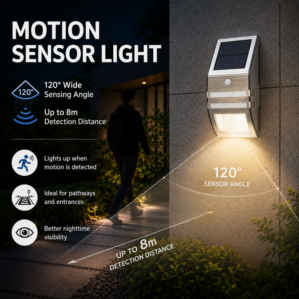 Solar Motion Sensor Wall Lights Outdoor – IP65 Stainless Steel Security Light