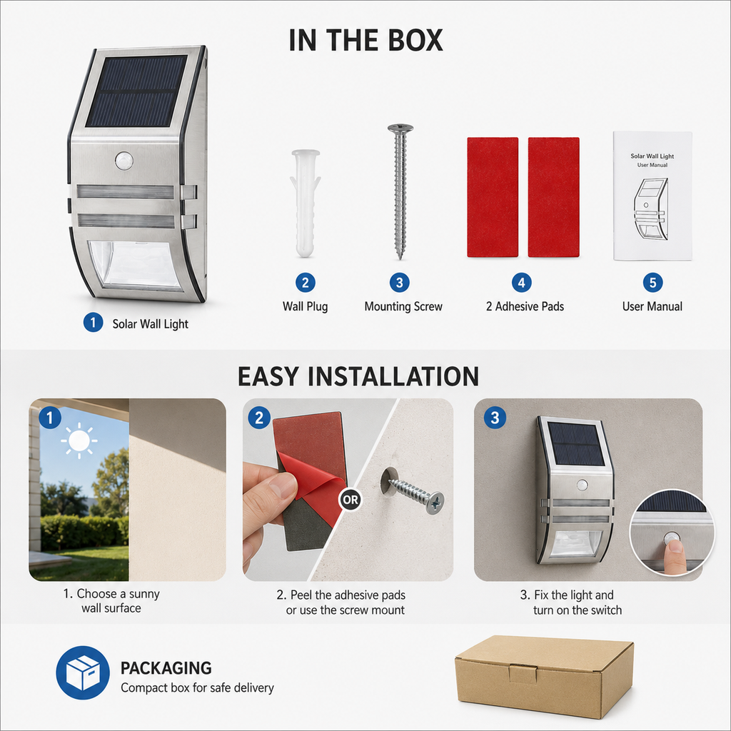 Solar Motion Sensor Wall Lights Outdoor – IP65 Stainless Steel Security Light