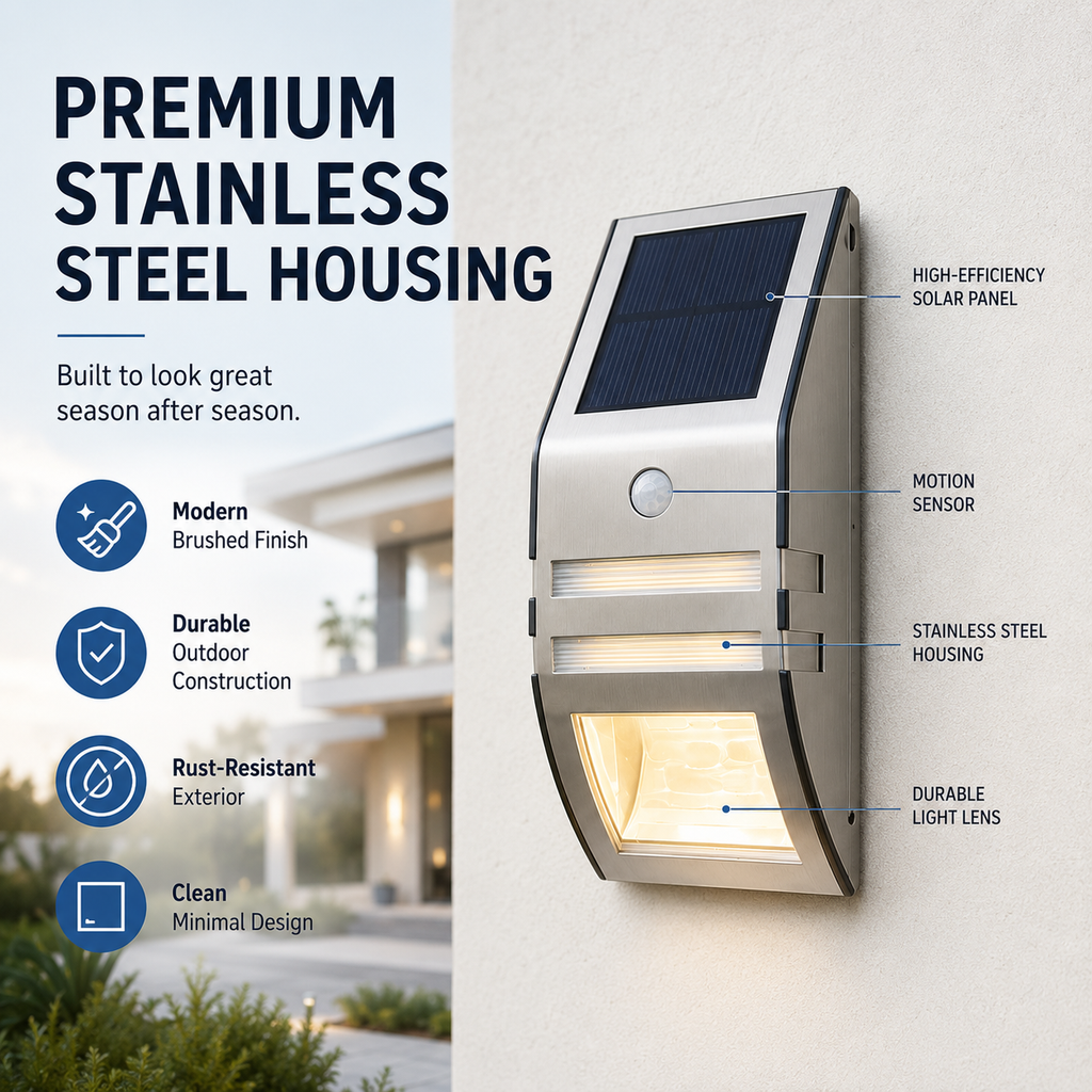 Solar Motion Sensor Wall Lights Outdoor – IP65 Stainless Steel Security Light