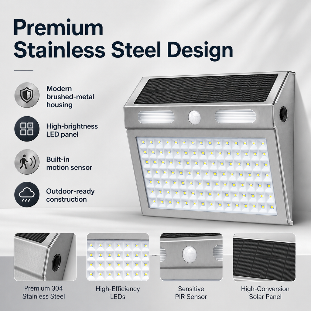 Solar Motion Sensor Wall Lights Outdoor – IP65 Stainless Steel Security Light