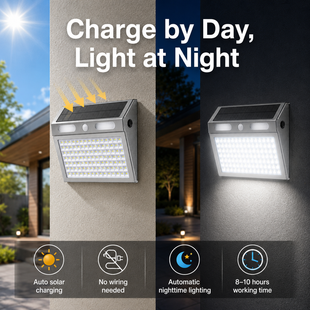 Solar Motion Sensor Wall Lights Outdoor – IP65 Stainless Steel Security Light