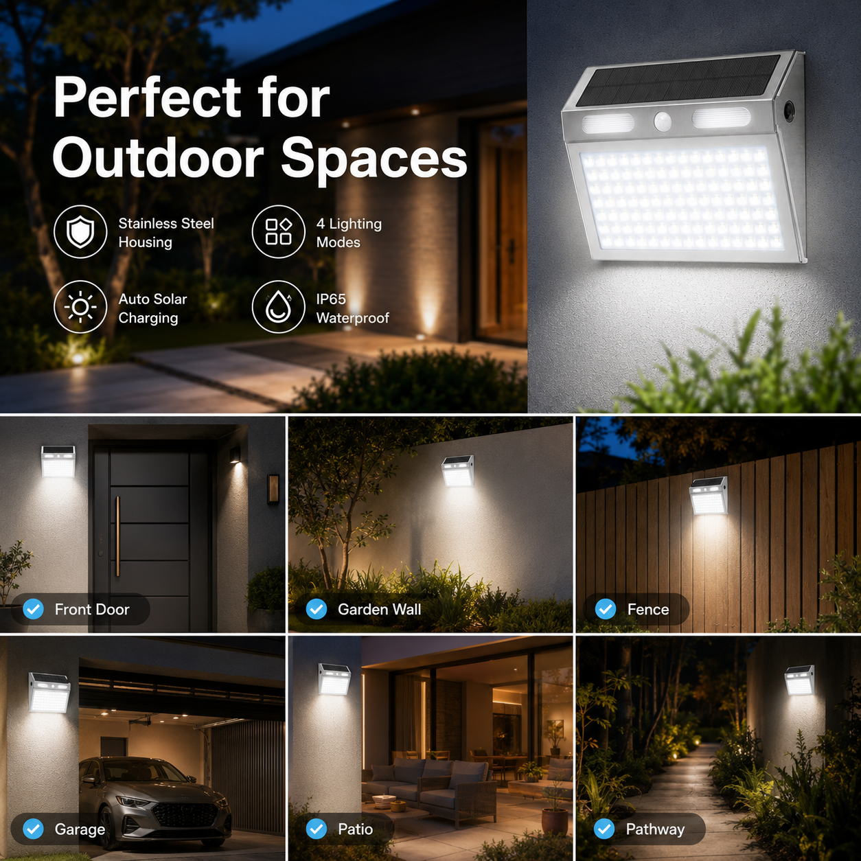 Solar Motion Sensor Wall Lights Outdoor – IP65 Stainless Steel Security Light