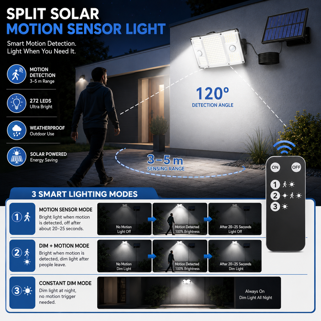 Split Solar Motion Sensor Lights Outdoor – Remote Control Security Wall Light