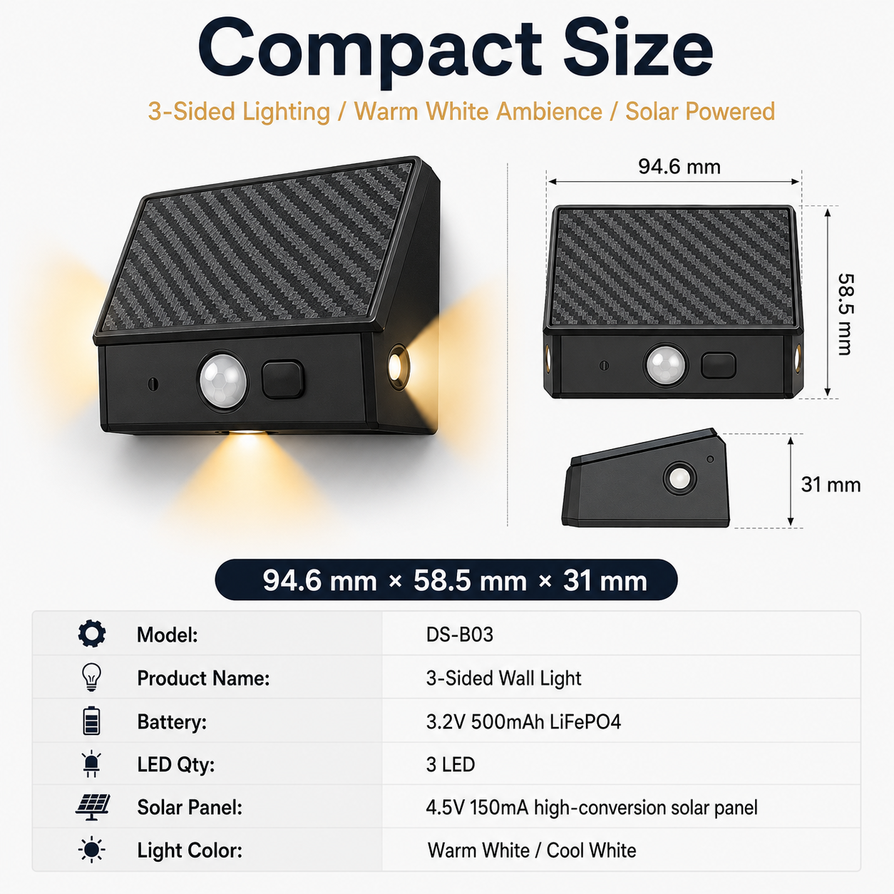 Solar 3-Sided Wall Lights Outdoor – IP65 Dusk to Dawn Fence Lights