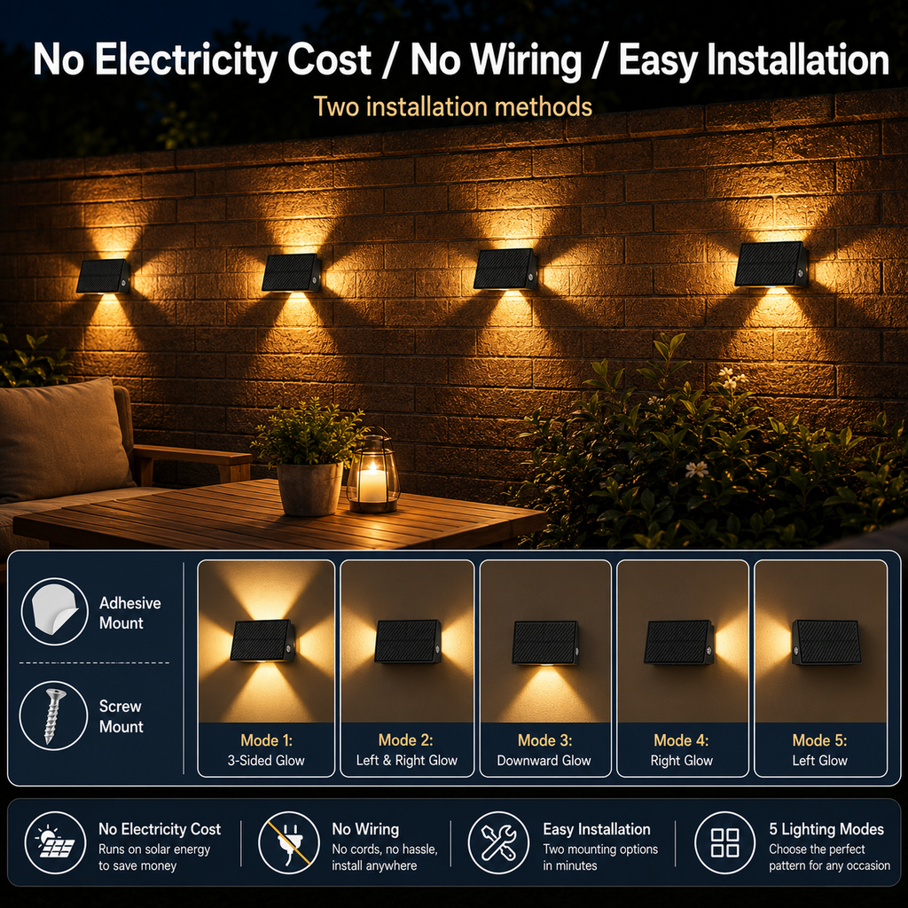 Solar 3-Sided Wall Lights Outdoor – IP65 Dusk to Dawn Fence Lights