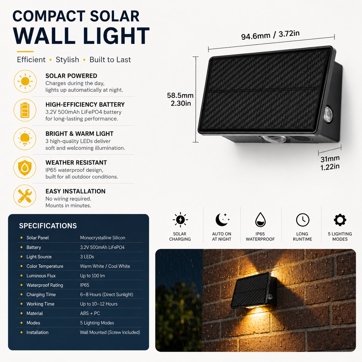Solar 3-Sided Wall Lights Outdoor – IP65 Dusk to Dawn Fence Lights