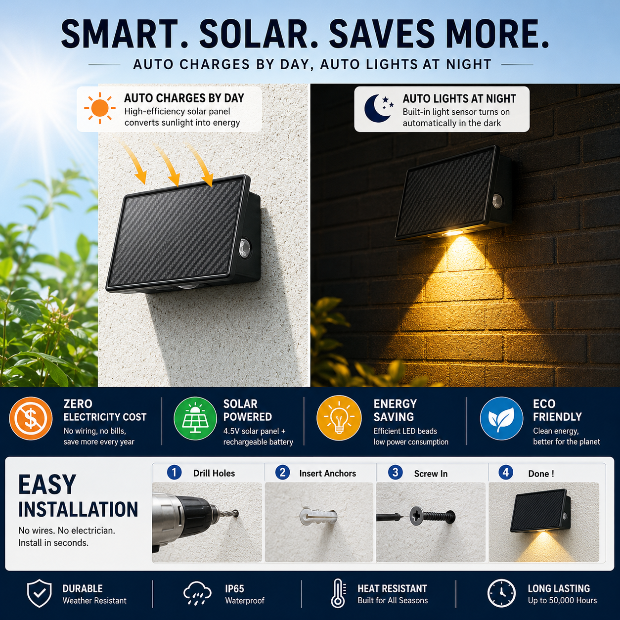 Solar 3-Sided Wall Lights Outdoor – IP65 Dusk to Dawn Fence Lights