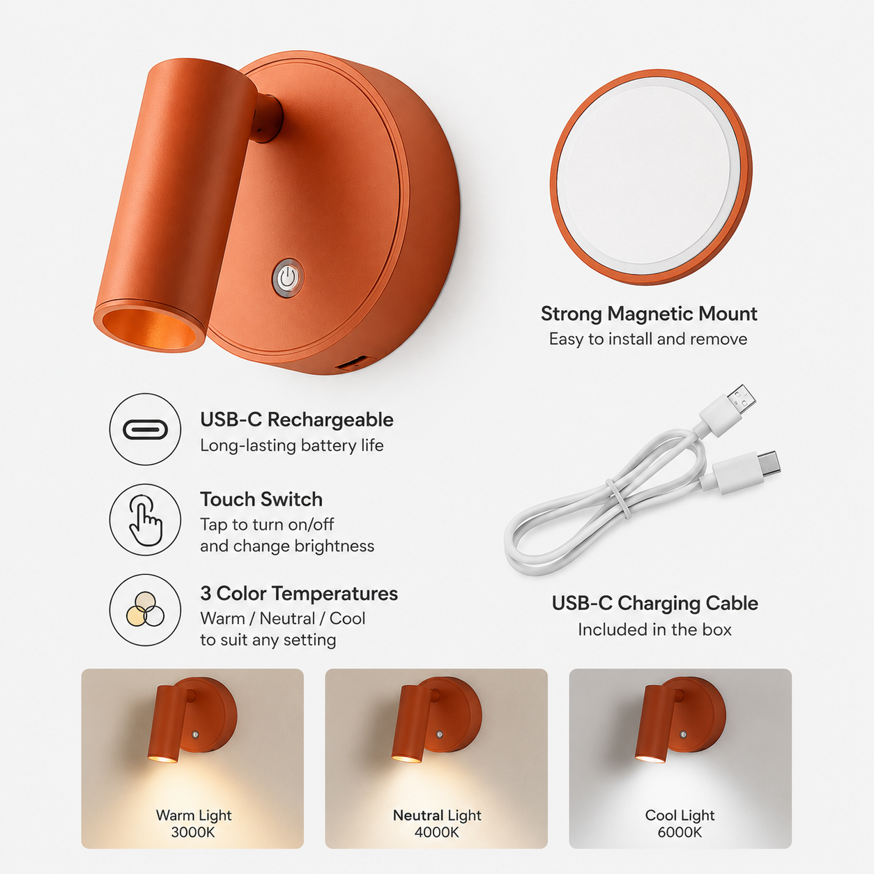 Rechargeable Magnetic Wall Sconce | Touch Dimmable Wall Light
