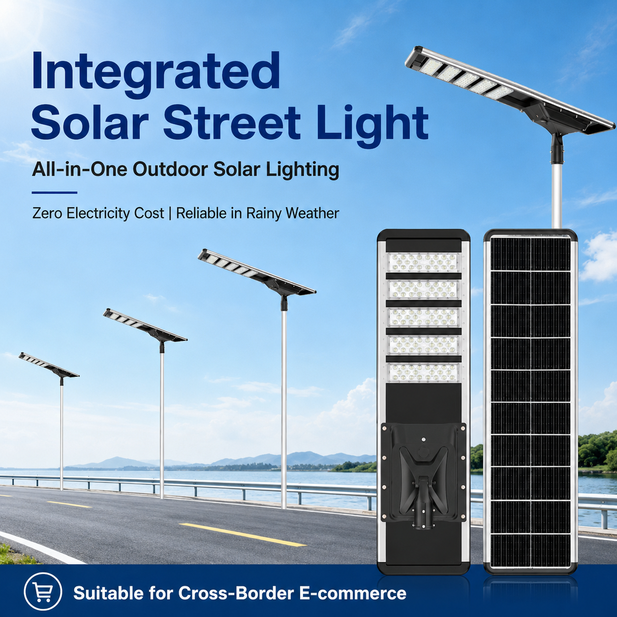 250W Integrated Solar Street Light, 110 LED 7070 SMD Commercial Outdoor Lamp with 48Ah Battery