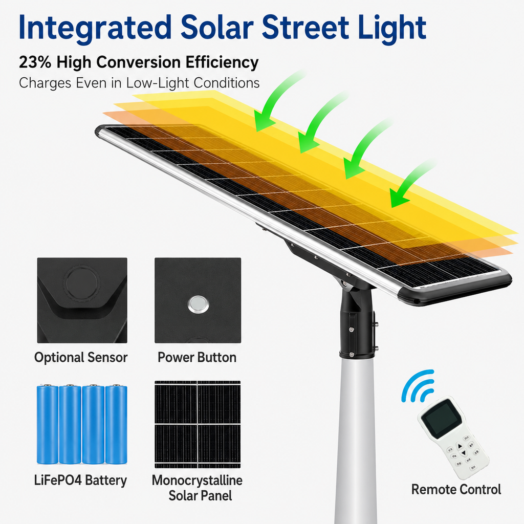 250W Integrated Solar Street Light, 110 LED 7070 SMD Commercial Outdoor Lamp with 48Ah Battery