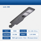 250W Integrated Solar Street Light, 110 LED 7070 SMD Commercial Outdoor Lamp with 48Ah Battery