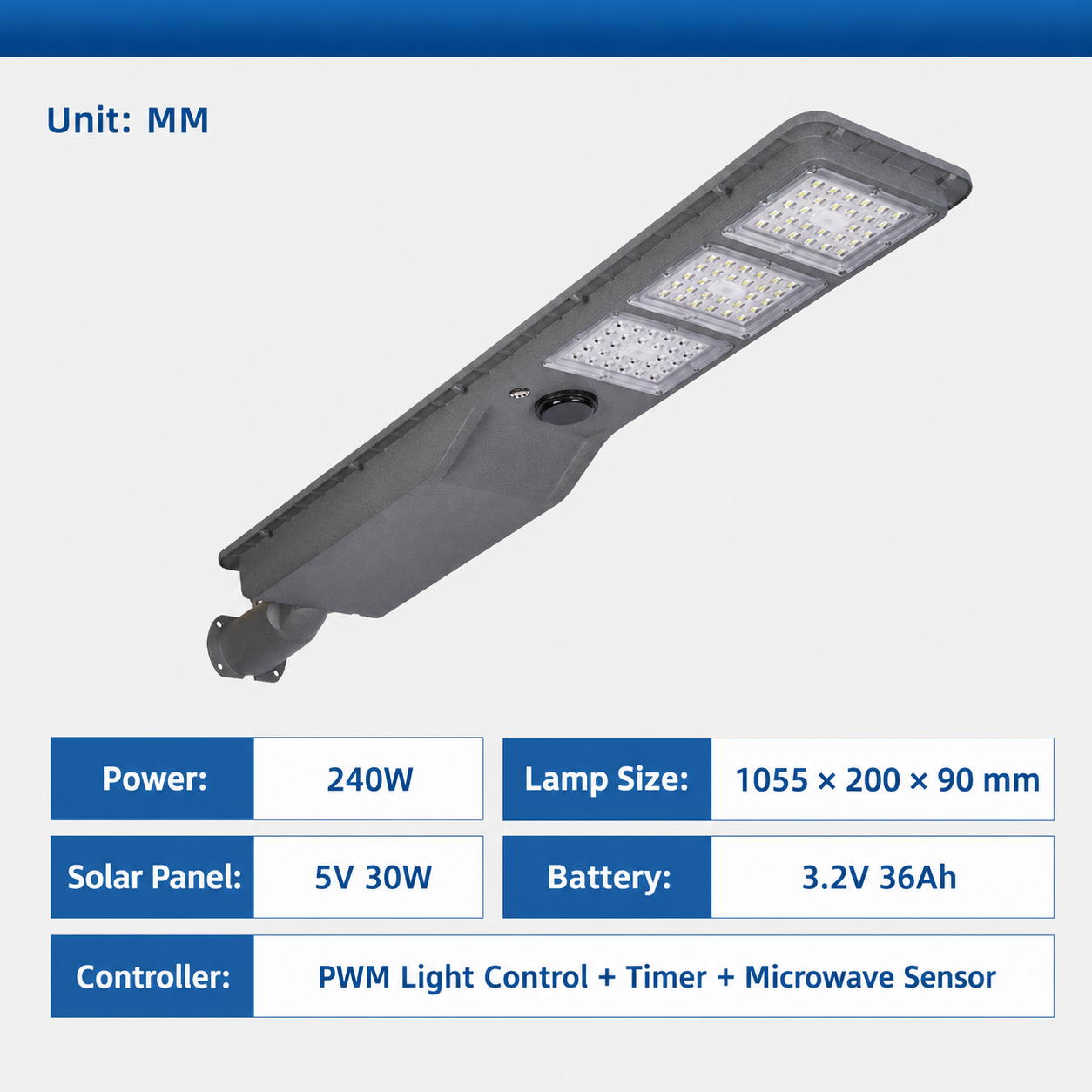 250W Integrated Solar Street Light, 110 LED 7070 SMD Commercial Outdoor Lamp with 48Ah Battery