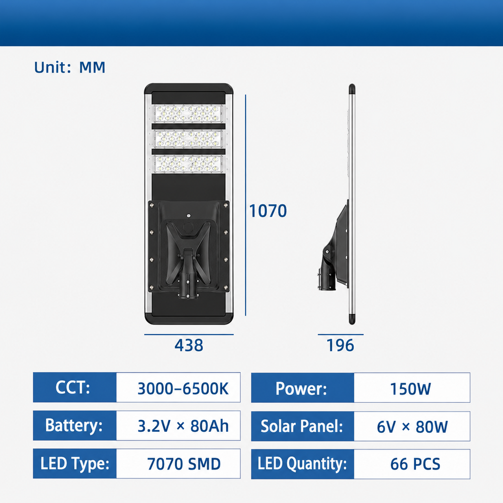 250W Integrated Solar Street Light, 110 LED 7070 SMD Commercial Outdoor Lamp with 48Ah Battery