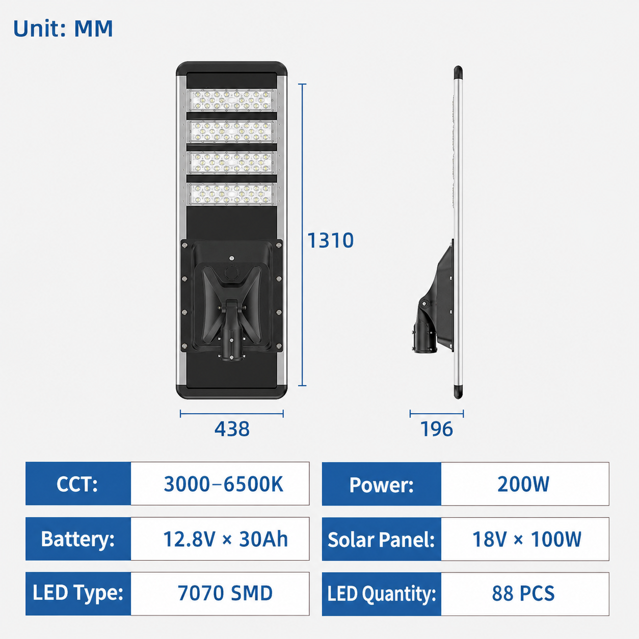 250W Integrated Solar Street Light, 110 LED 7070 SMD Commercial Outdoor Lamp with 48Ah Battery