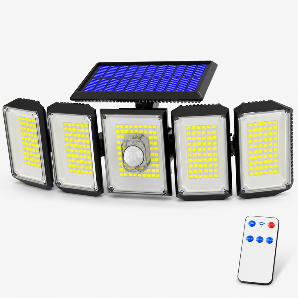 300 LED Solar Security Light with Motion Sensor & Remote Control, 5-Head Outdoor Wall Light