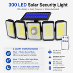 300 LED Solar Security Light with Motion Sensor & Remote Control, 5-Head Outdoor Wall Light