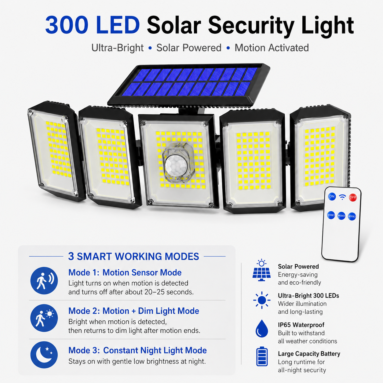 300 LED Solar Security Light with Motion Sensor & Remote Control, 5-Head Outdoor Wall Light