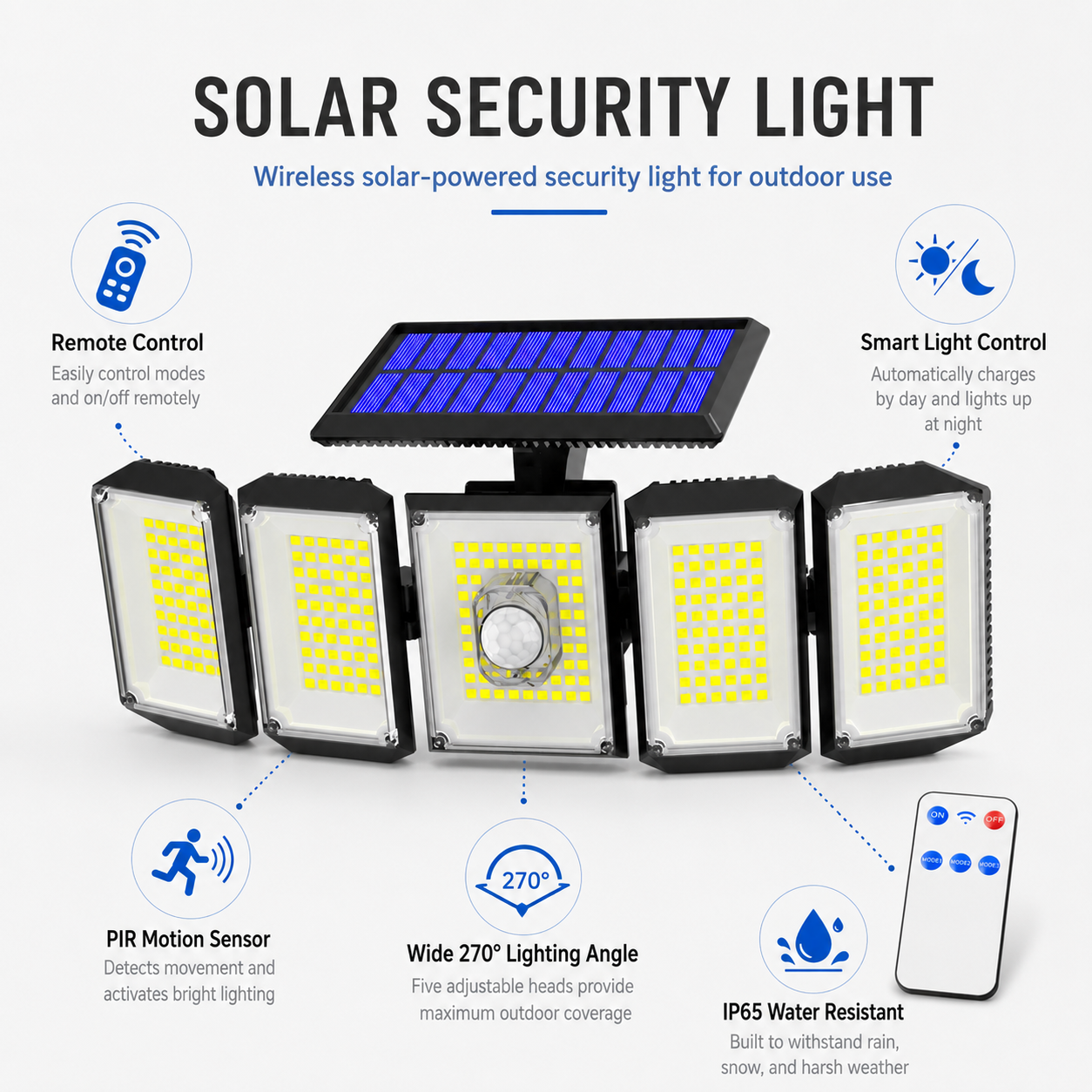 300 LED Solar Security Light with Motion Sensor & Remote Control, 5-Head Outdoor Wall Light