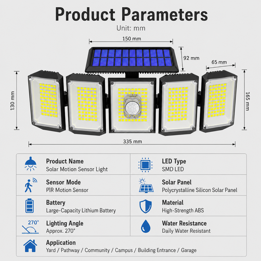 300 LED Solar Security Light with Motion Sensor & Remote Control, 5-Head Outdoor Wall Light