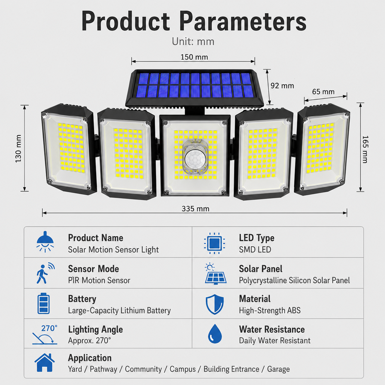 300 LED Solar Security Light with Motion Sensor & Remote Control, 5-Head Outdoor Wall Light