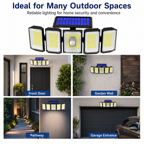 300 LED Solar Security Light with Motion Sensor & Remote Control, 5-Head Outdoor Wall Light
