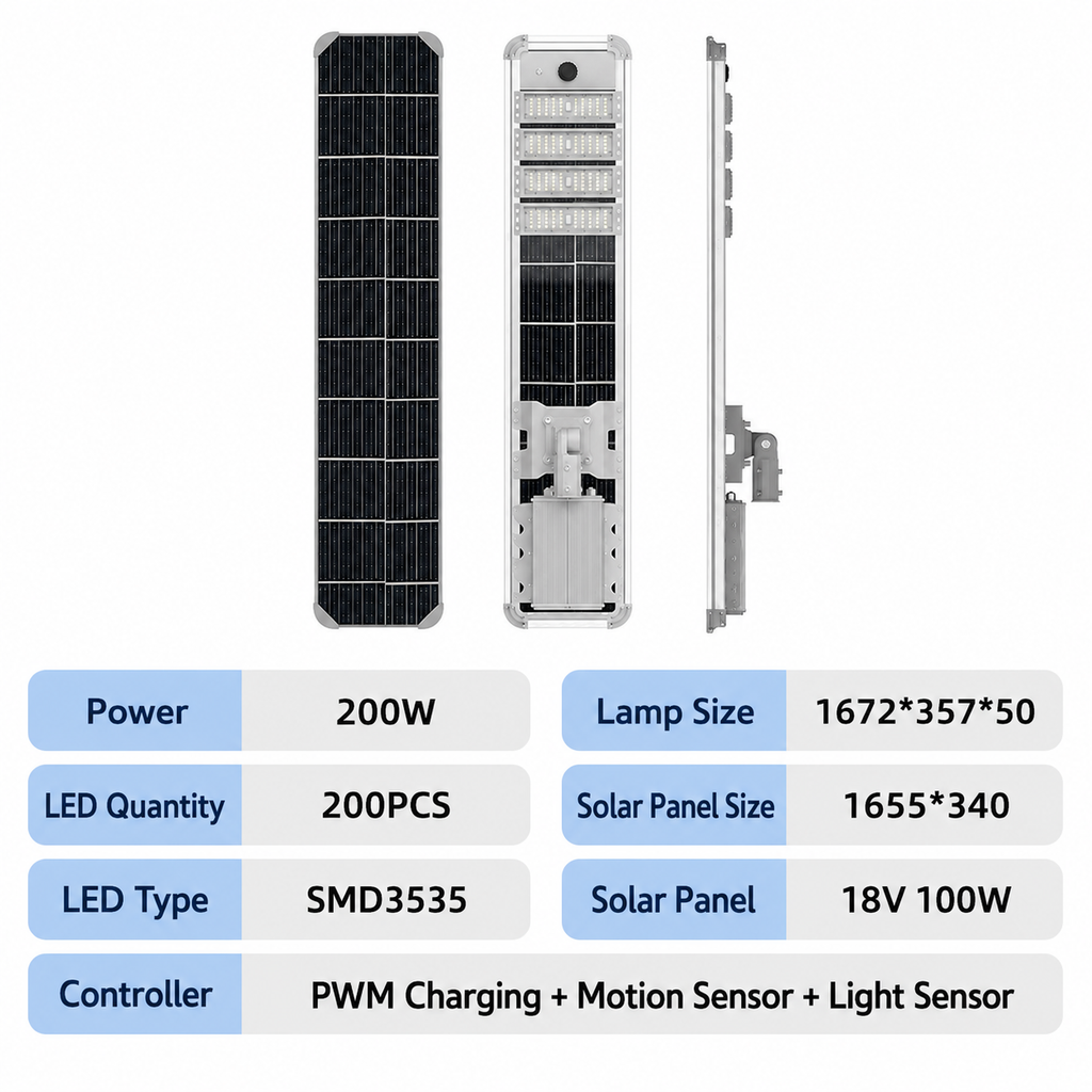 200W All-in-One Solar Street Light with 200 LEDs, Motion Sensor, Light Sensor and IP66 Waterproof Housing