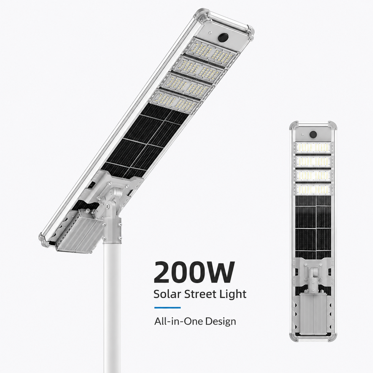 200W All-in-One Solar Street Light with 200 LEDs, Motion Sensor, Light Sensor and IP66 Waterproof Housing