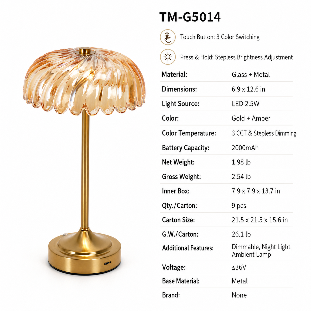 Amber Glass Cordless Table Lamp – Touch Dimmable 3-CCT Decorative Night Light