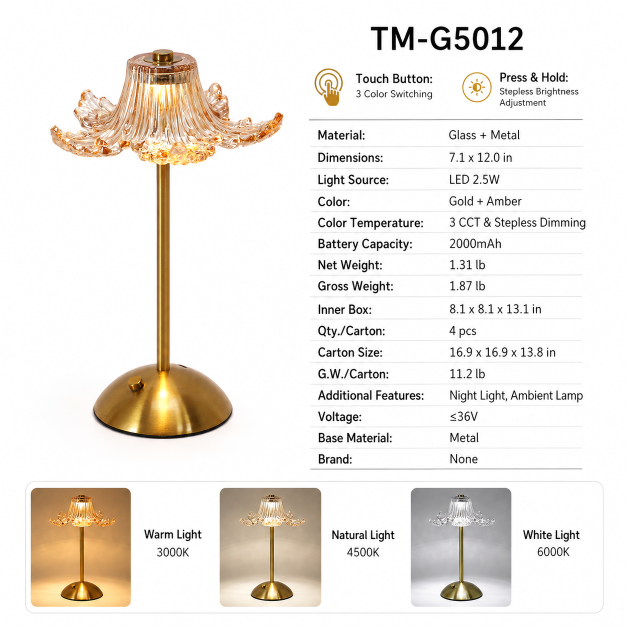 Rechargeable Amber Glass Table Lamp – Touch Dimmable 3-CCT Night Light for Bedroom, Bar & Poolside Decor