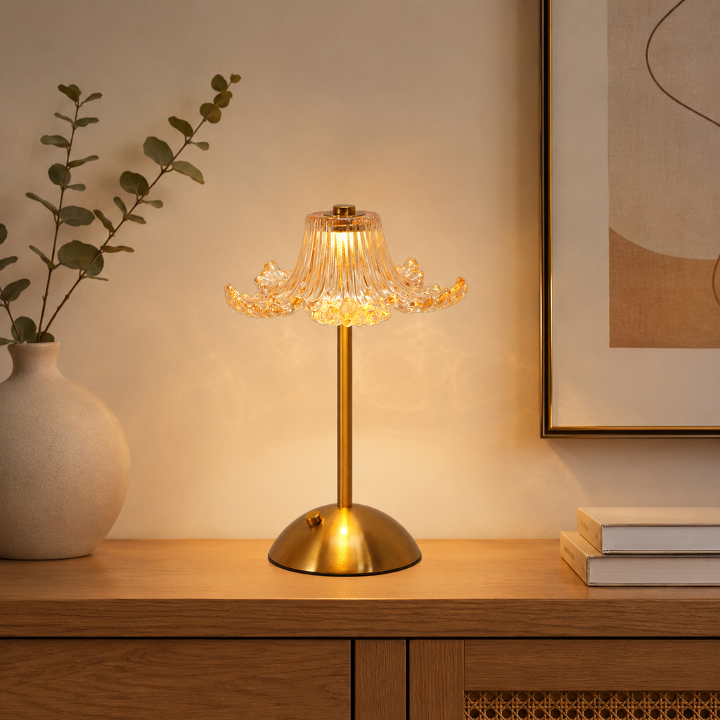 Rechargeable Amber Glass Table Lamp – Touch Dimmable 3-CCT Night Light for Bedroom, Bar & Poolside Decor