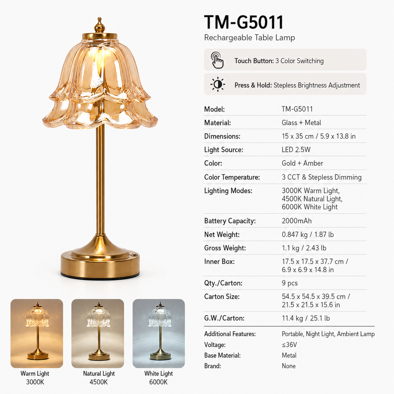 Rechargeable Amber Glass Table Lamp – Touch Dimmable 3-CCT Night Light for Bedroom, Bar & Poolside Decor